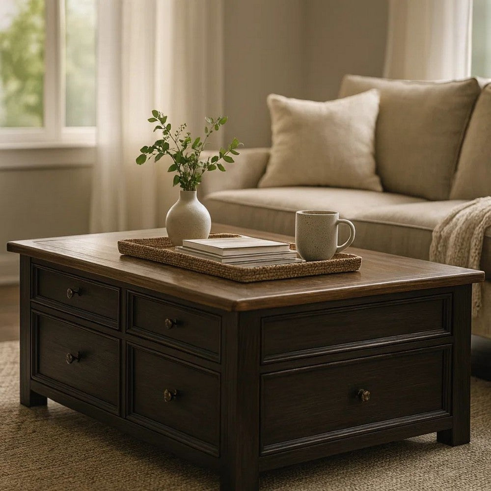 Wooden Lift Top Coffee Table with Drawers and Caster, Black and Brown - BM207232