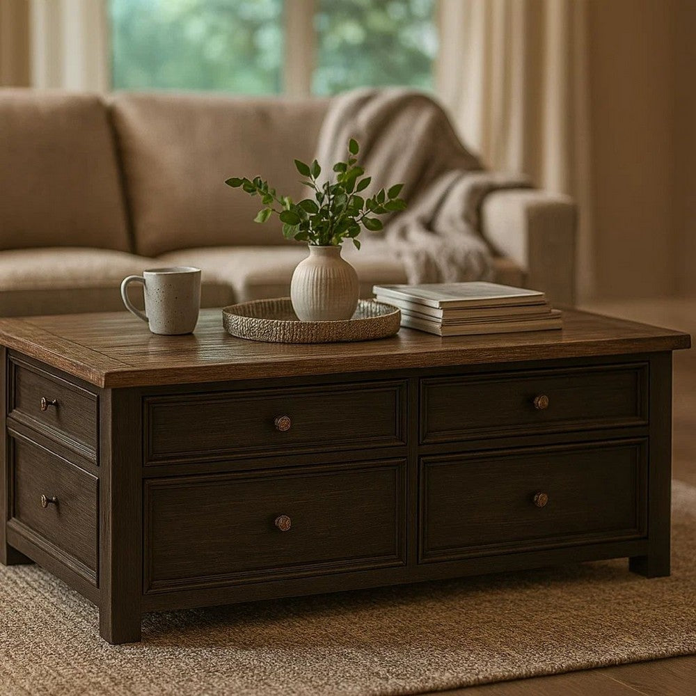 Wooden Lift Top Coffee Table with Drawers and Caster, Black and Brown - BM207232