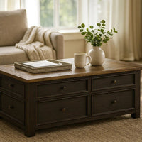 Wooden Lift Top Coffee Table with Drawers and Caster, Black and Brown - BM207232