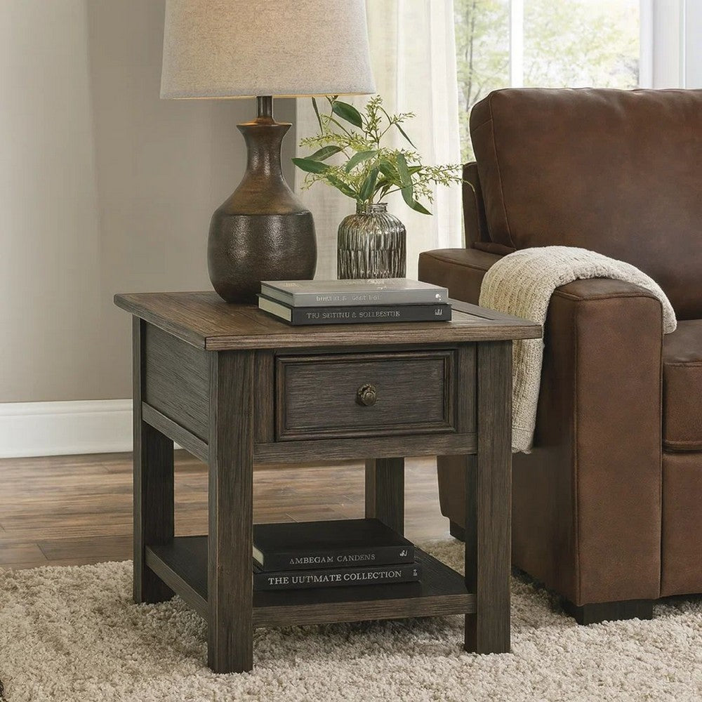 Wooden End Table with One Drawer and One Shelf, Brown and Black - BM207238