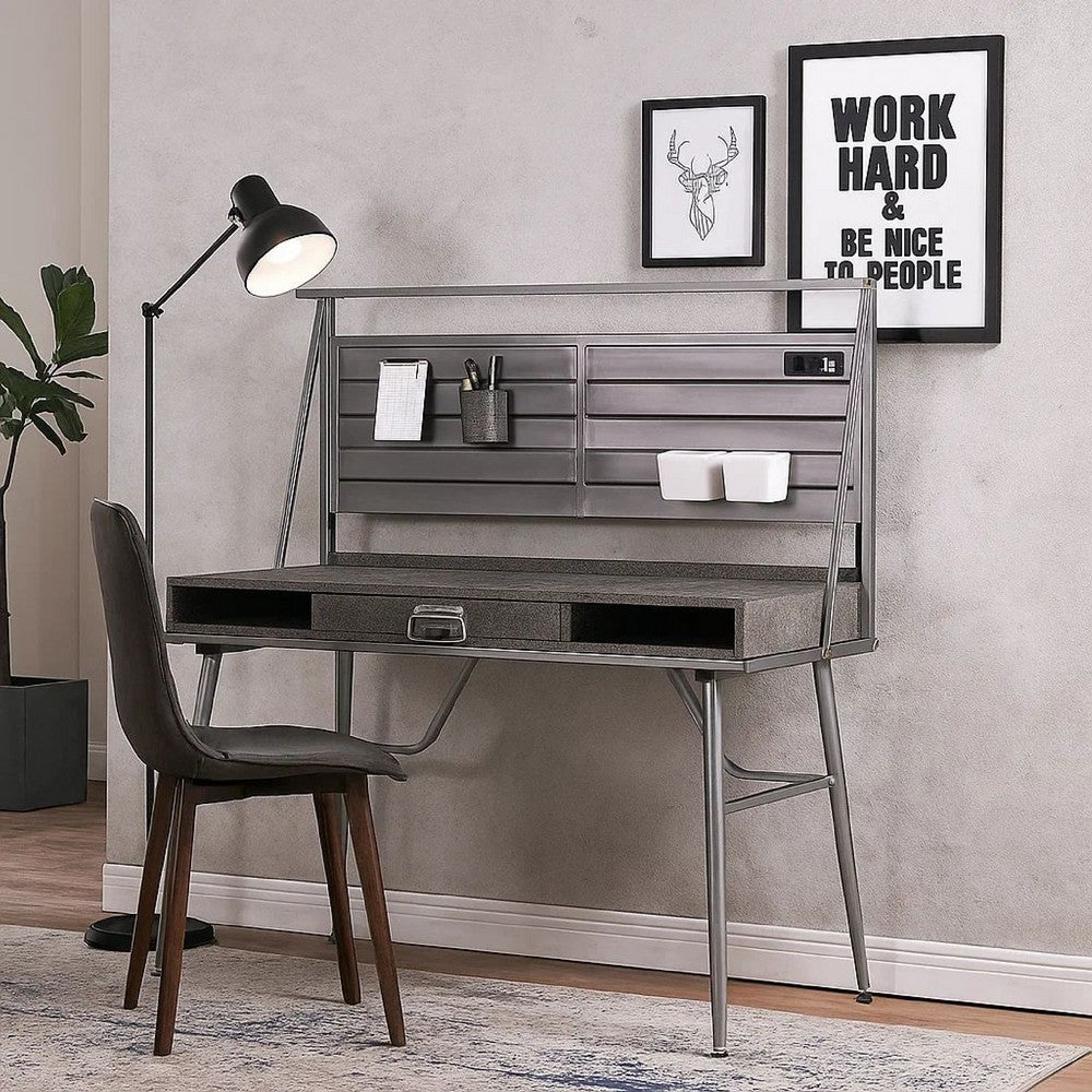 Corrugated Back Metal Frame Desk with USB Docks, Gray and Silver - BM207321