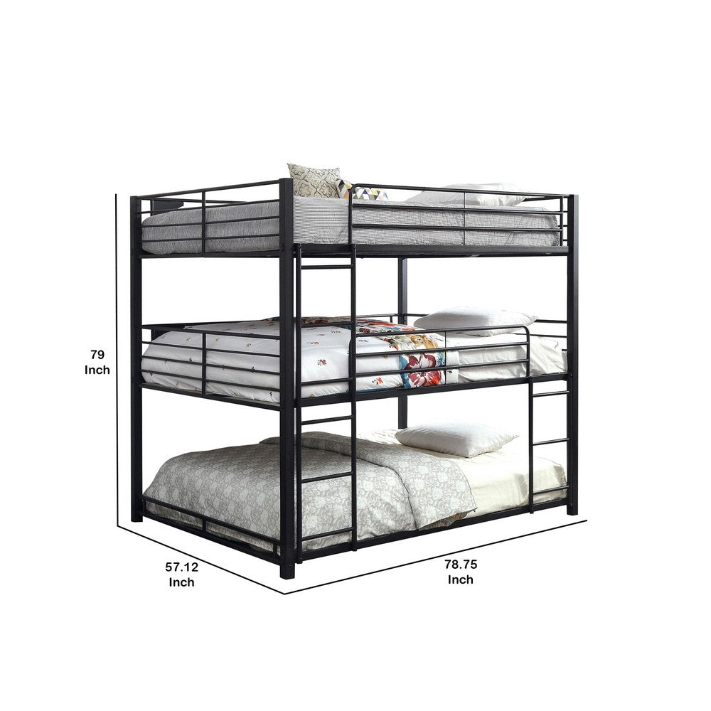 Industrial Style Queen Triple Decker Bunk Bed with Ladder, Black - BM207362