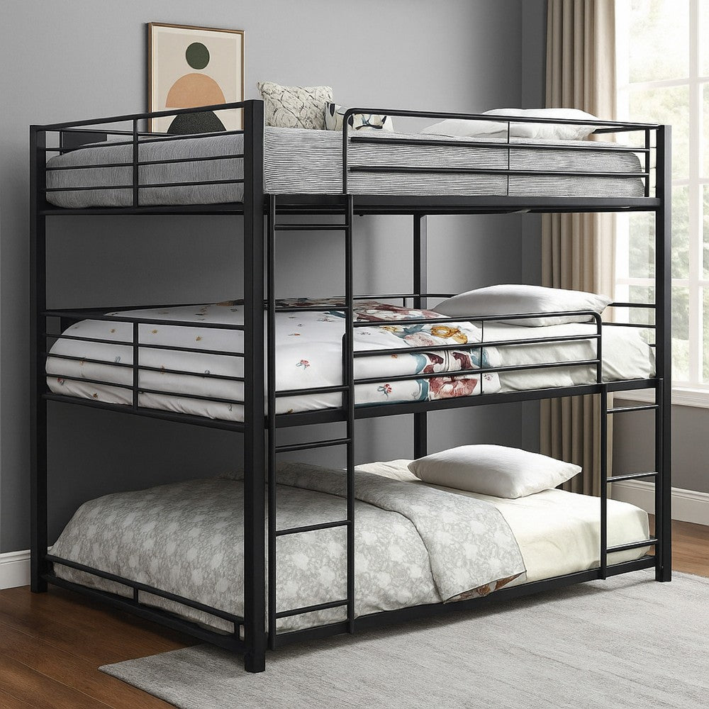 Industrial Style Queen Triple Decker Bunk Bed with Ladder, Black - BM207362