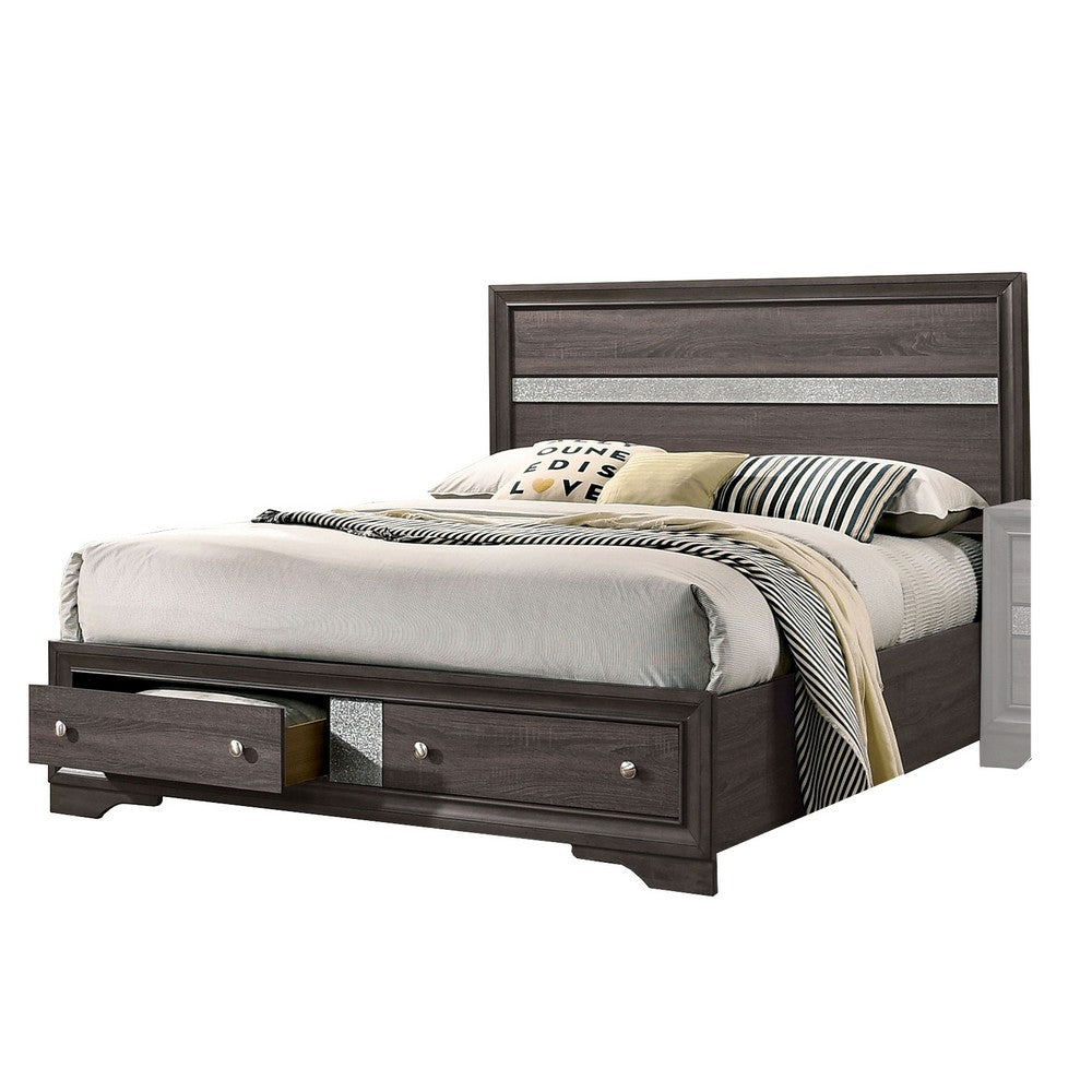 Queen Bed with Plank Headboard and 2 Drawers, Brown and Silver - BM207367