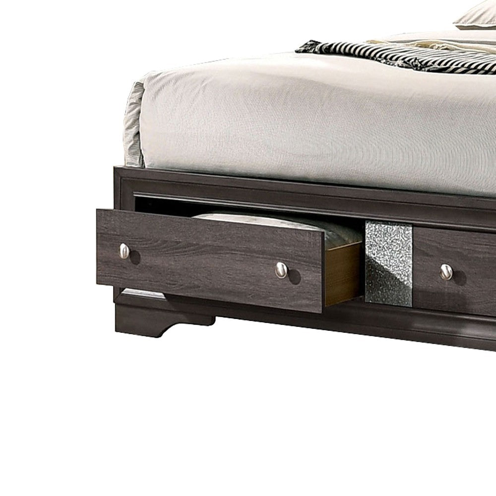 Queen Bed with Plank Headboard and 2 Drawers, Brown and Silver - BM207367