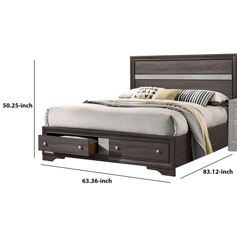 Queen Bed with Plank Headboard and 2 Drawers, Brown and Silver - BM207367