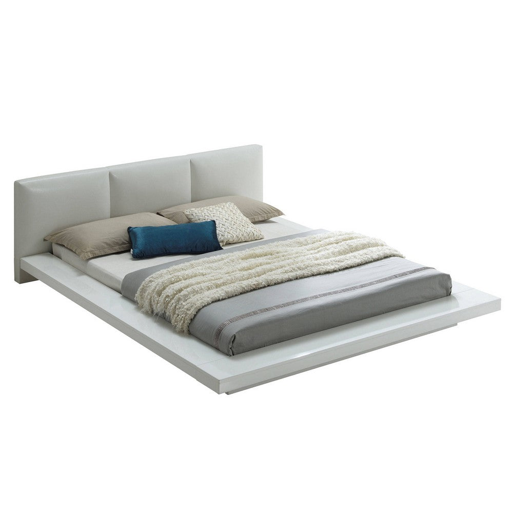 Wooden Queen Size Low Profile Bed with Padded Headboard, White - BM207406