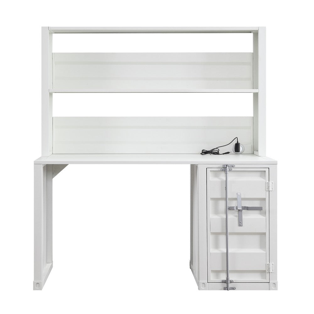 Metal Base Desk and Hutch with Slated Pattern and Storage Compartment, White - BM207433