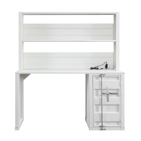 Metal Base Desk and Hutch with Slated Pattern and Storage Compartment, White - BM207433