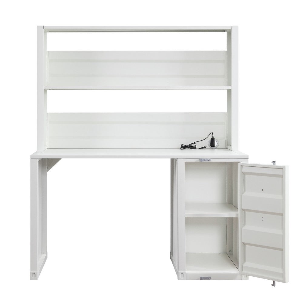 Metal Base Desk and Hutch with Slated Pattern and Storage Compartment, White - BM207433