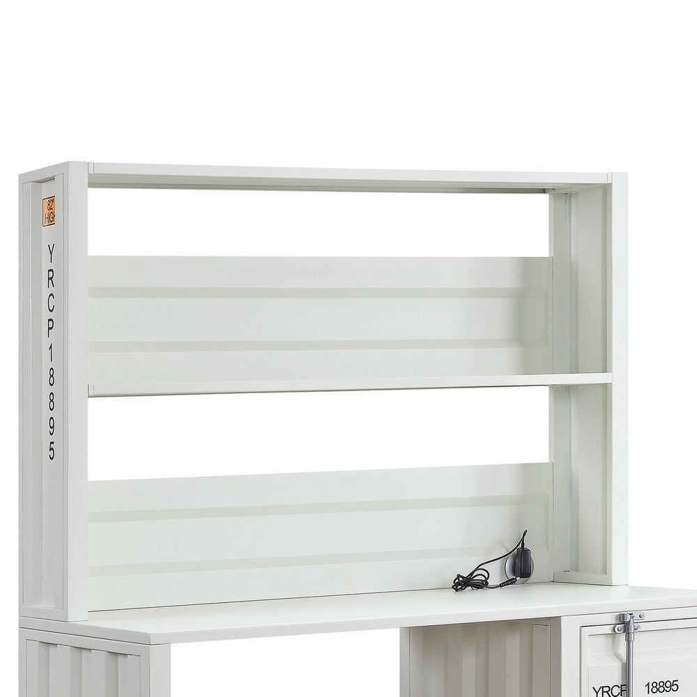 Metal Base Desk and Hutch with Slated Pattern and Storage Compartment, White - BM207433
