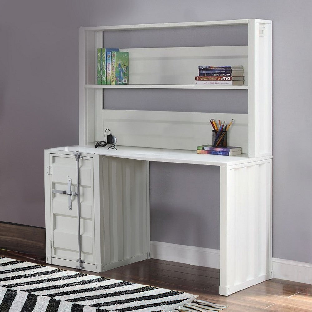 Metal Base Desk and Hutch with Slated Pattern and Storage Compartment, White - BM207433