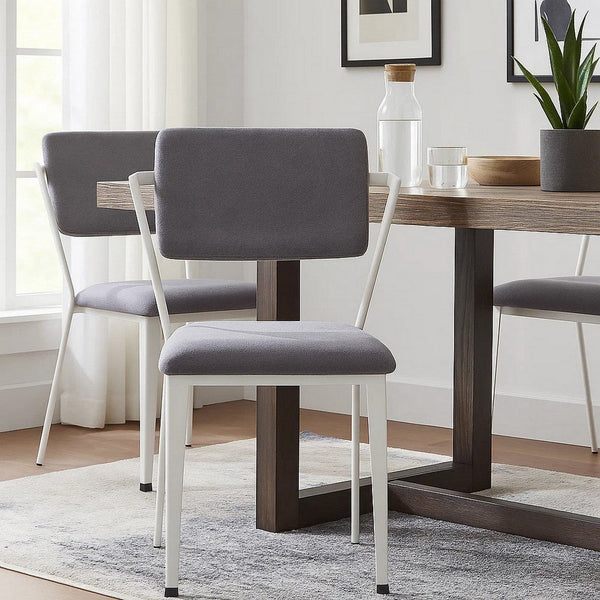 Metal Chair with Fabric Upholstery and Straight Legs, Gray and White - BM207434