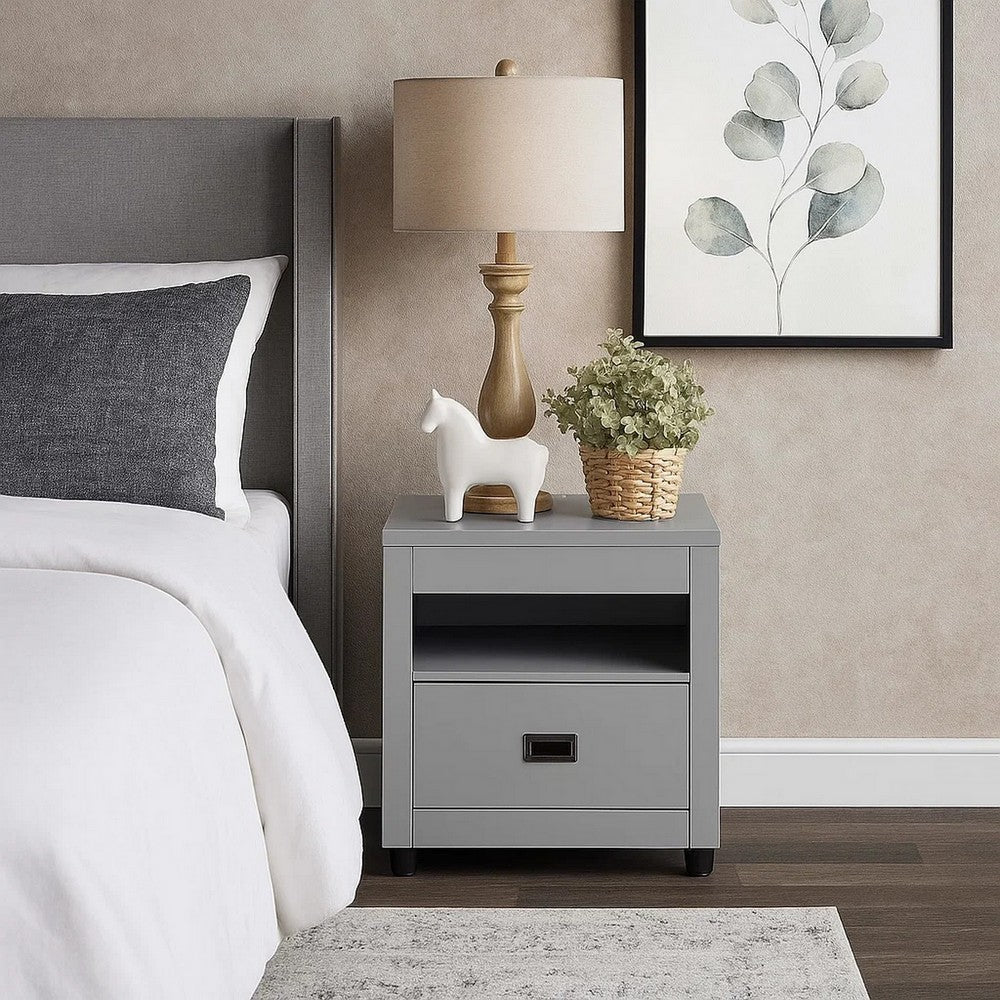 Transitional Style Wooden End Table with 1 Drawer, Gray and Black - BM207458