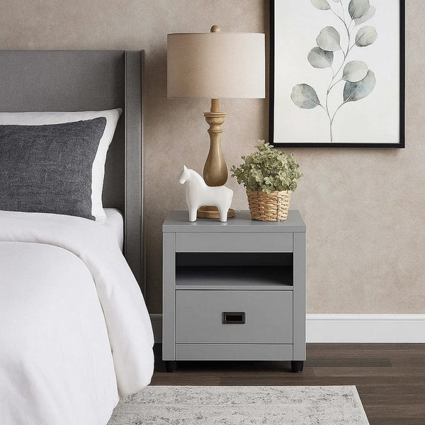Transitional Style Wooden End Table with 1 Drawer, Gray and Black - BM207458