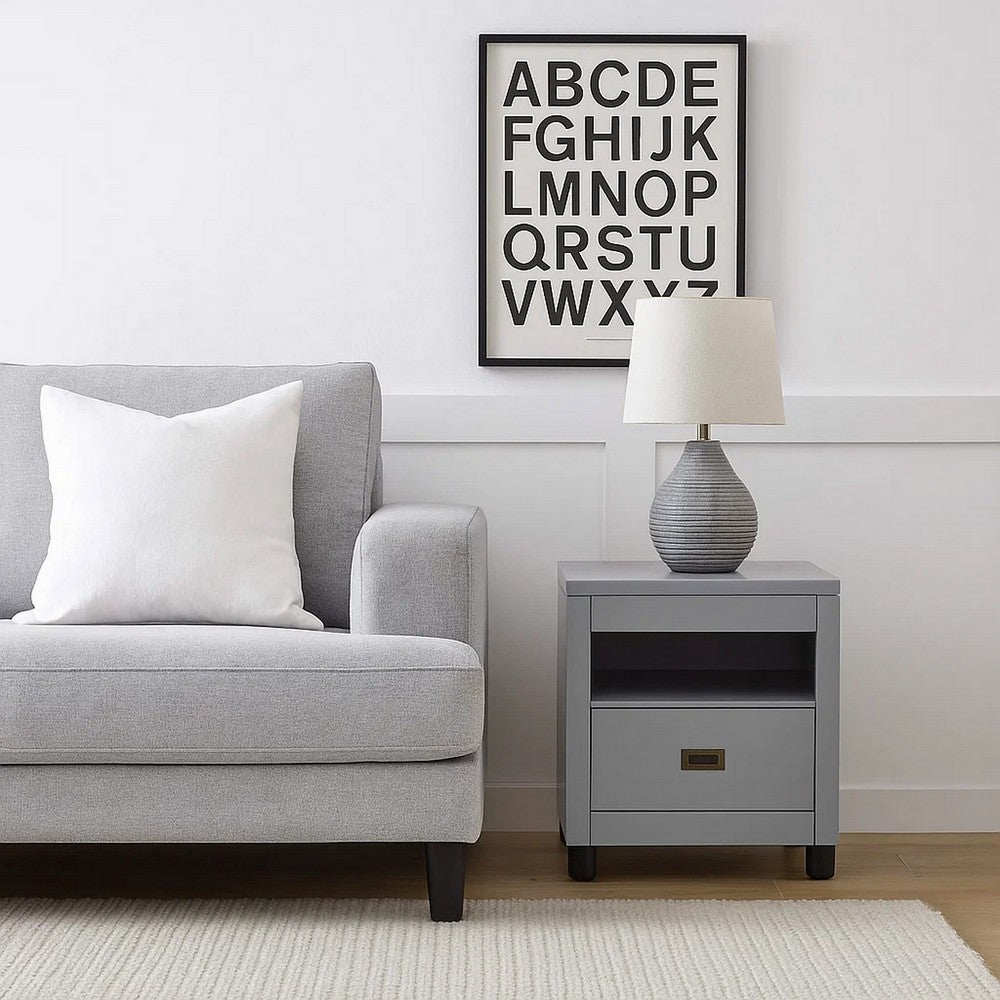 Transitional Style Wooden End Table with 1 Drawer, Gray and Black - BM207458