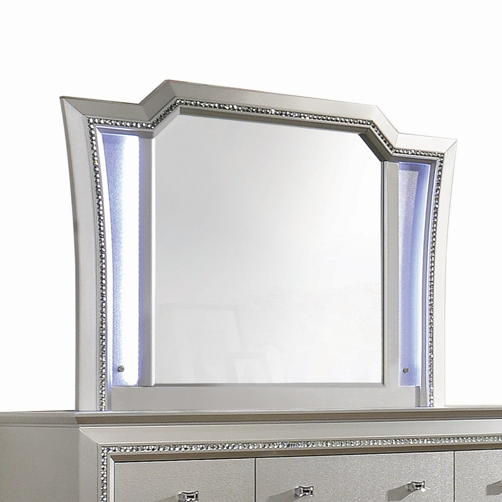 Elegant Mirror with Crystal Sparkling Trim and Led Lights, Silver - BM207487