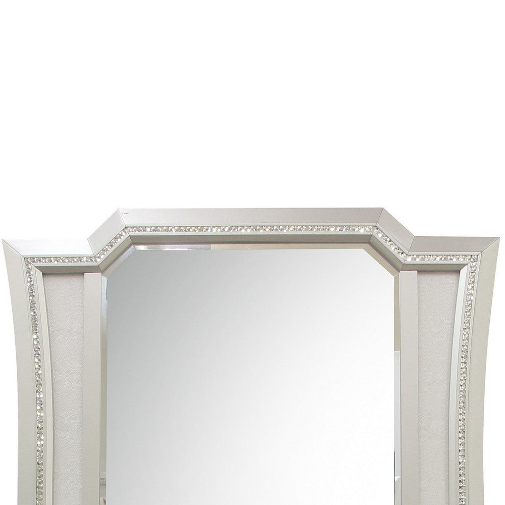 Elegant Mirror with Crystal Sparkling Trim and Led Lights, Silver - BM207487