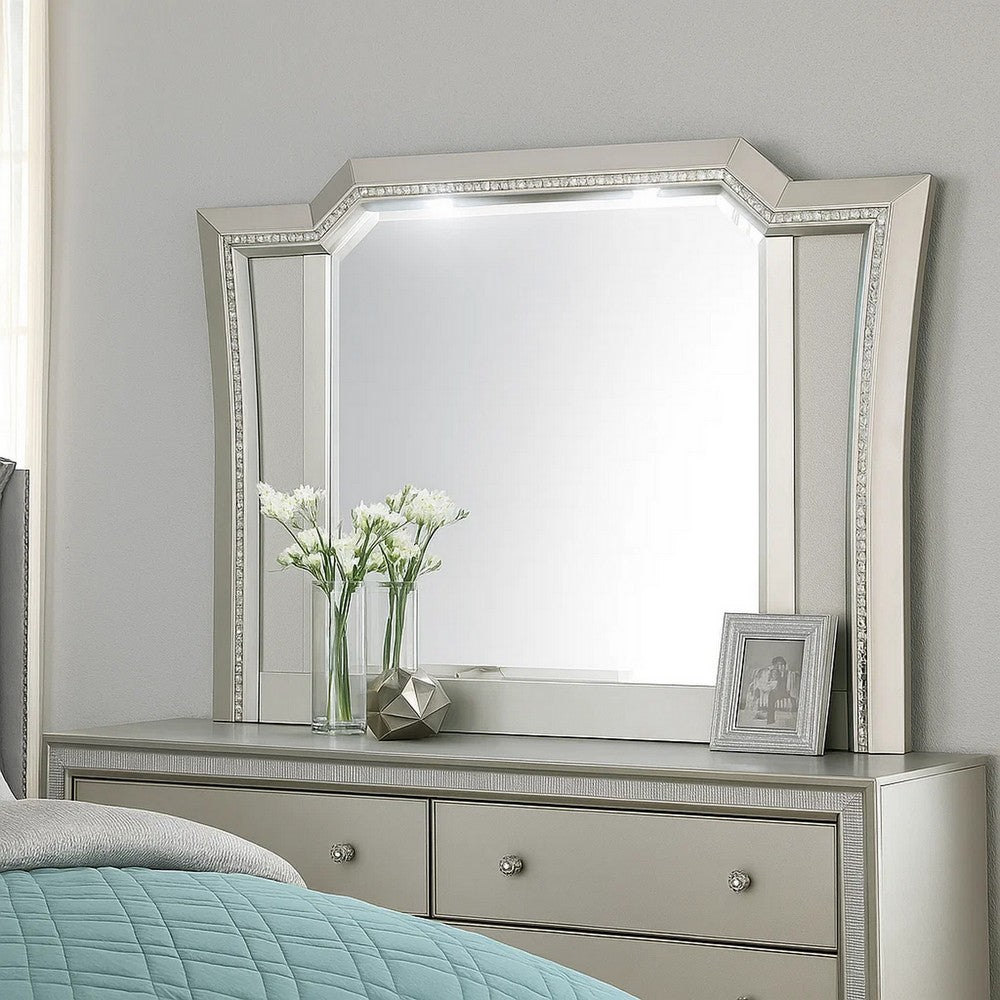 Elegant Mirror with Crystal Sparkling Trim and Led Lights, Silver - BM207487