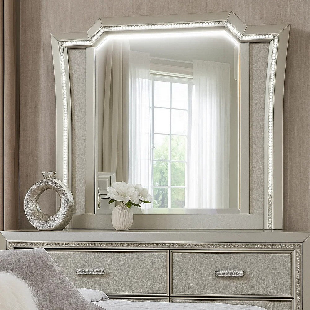 Elegant Mirror with Crystal Sparkling Trim and Led Lights, Silver - BM207487