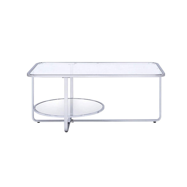 Contemporary Coffee Table with Round Bottom Shelf, Silver and Clear - BM207514