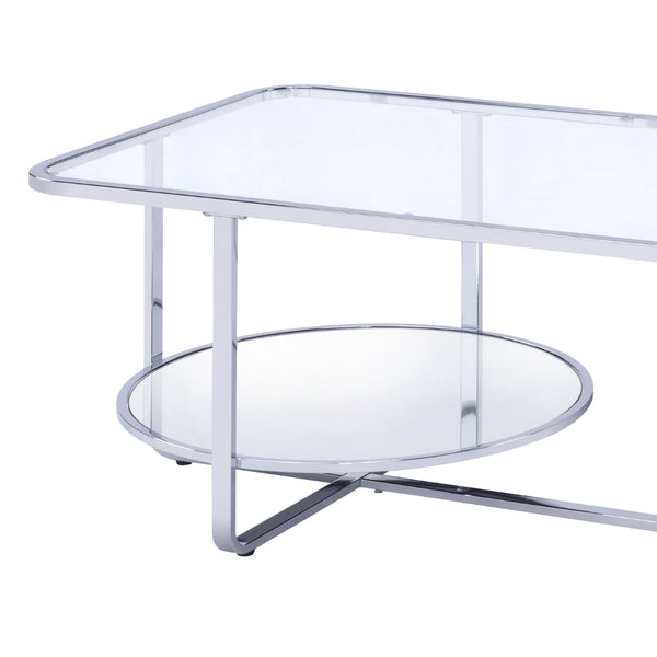 Contemporary Coffee Table with Round Bottom Shelf, Silver and Clear - BM207514