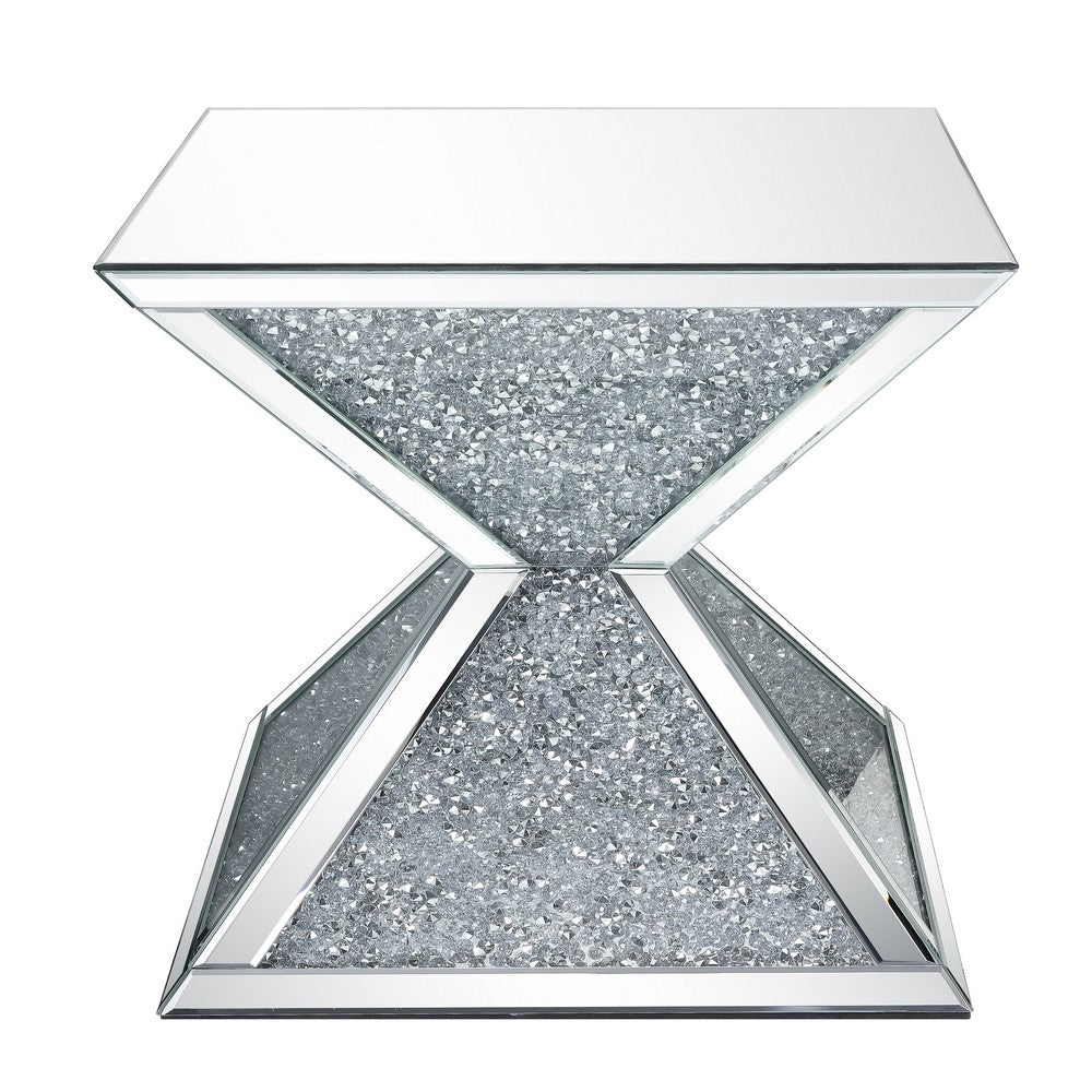 Sparkling End Table with Faux Diamonds Inlay , Silver and Clear - BM207518