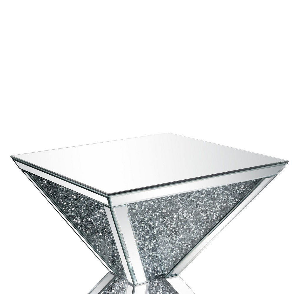 Sparkling End Table with Faux Diamonds Inlay , Silver and Clear - BM207518