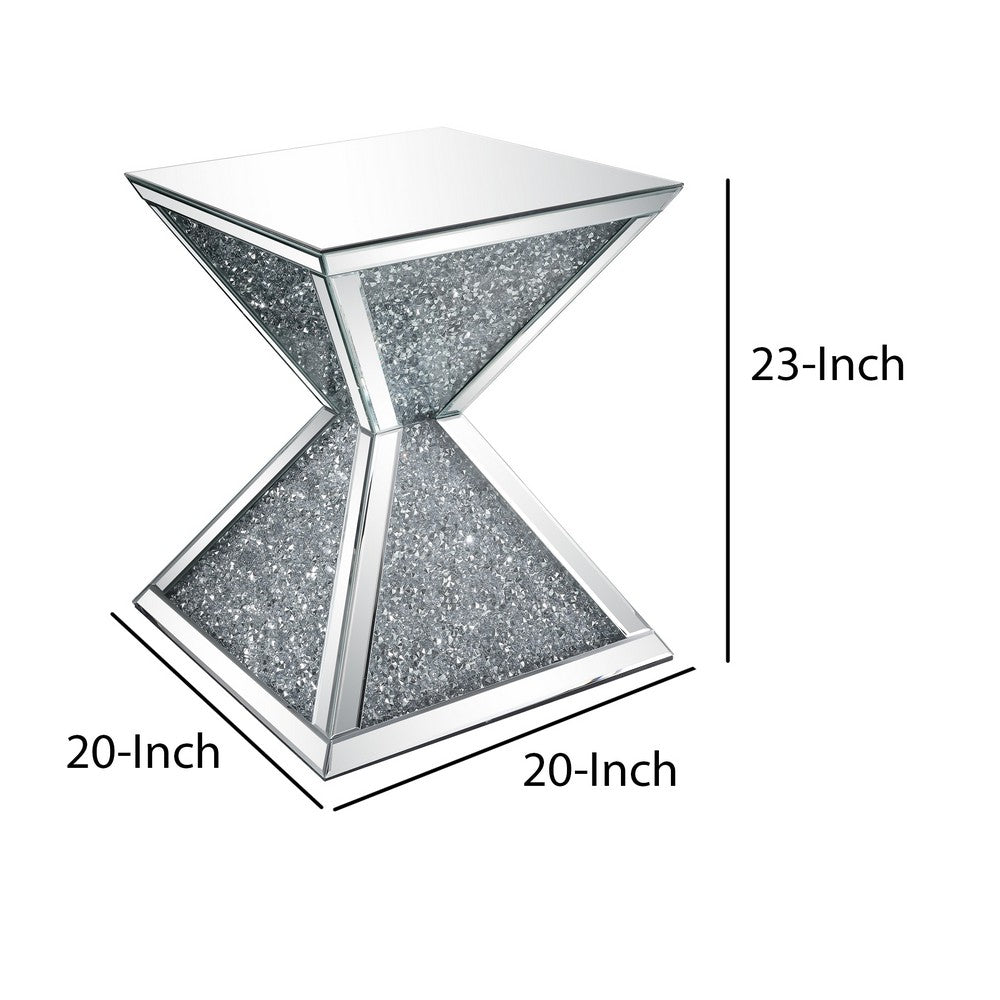 Sparkling End Table with Faux Diamonds Inlay , Silver and Clear - BM207518