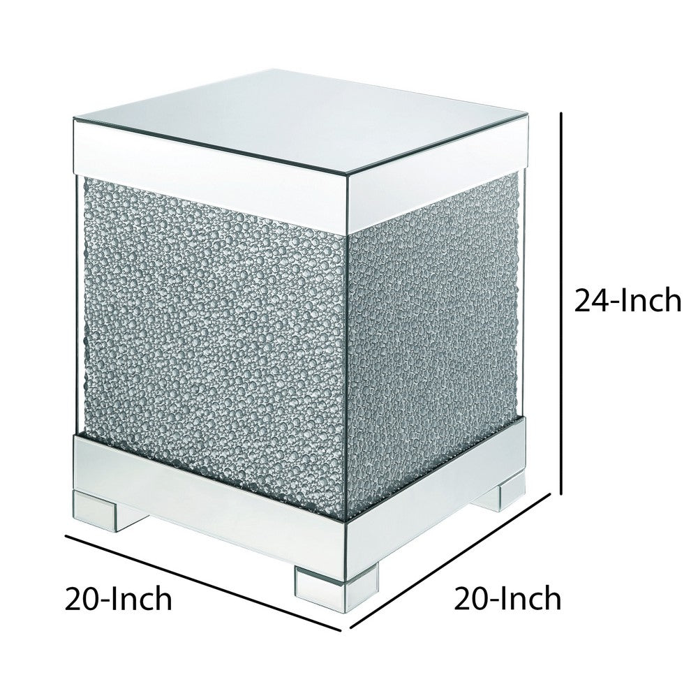 Contemporary Square Wooden End Table with Faux Crystal Inlays, Silver - BM207522