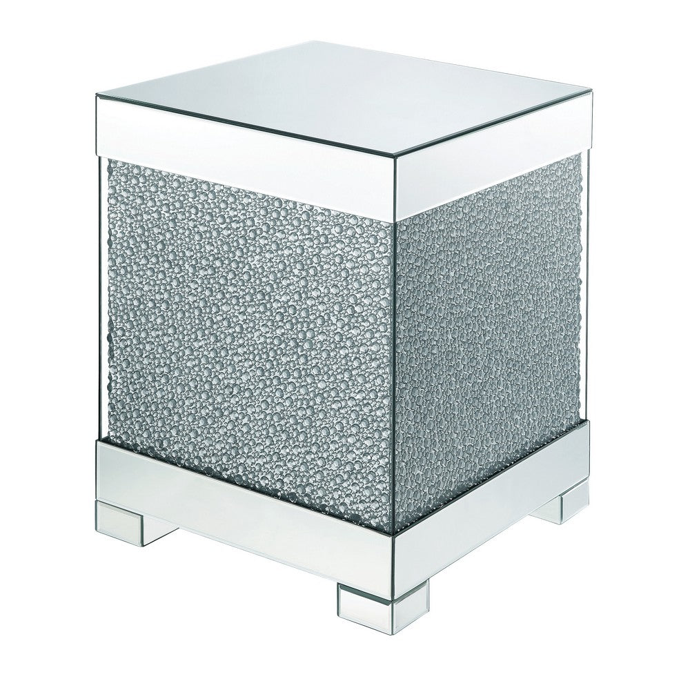 Contemporary Square Wooden End Table with Faux Crystal Inlays, Silver - BM207522