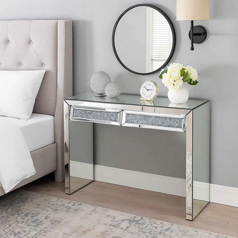 Console Table with Two Storage Drawers and Faux Diamond Inlay, Silver - BM207523