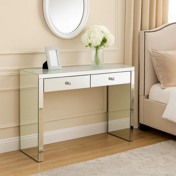 Wooden Console Table with 2 Storage Drawers and Faux Diamond Inlay, Silver - BM207524