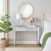 Wooden Console Table with 2 Storage Drawers and Faux Diamond Inlay, Silver - BM207524