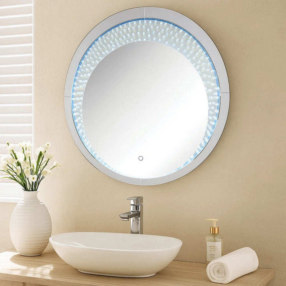 Round Accent Wall Decor with LED Bulb and Beveled Edges, Silver - BM207527