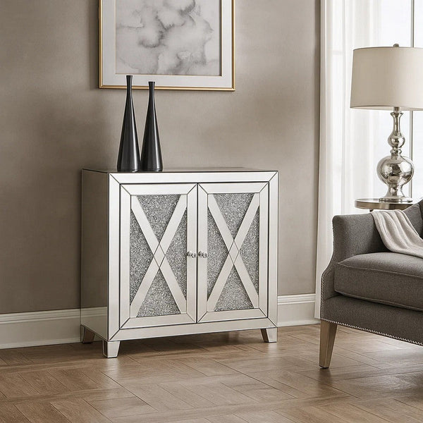 Wooden Console Table with Storage Spaces and X Shape Trims, Silver - BM207531
