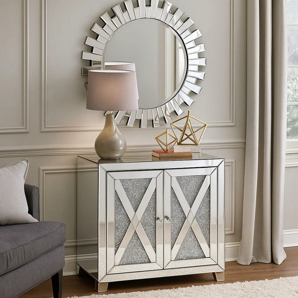 Wooden Console Table with Storage Spaces and X Shape Trims, Silver - BM207531