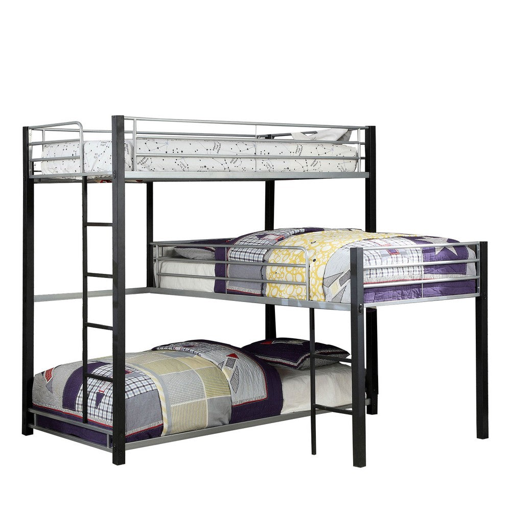 3 Tier Industrial Style Twin Bunk Bed with Corner Design, Black and Gray - BM207601