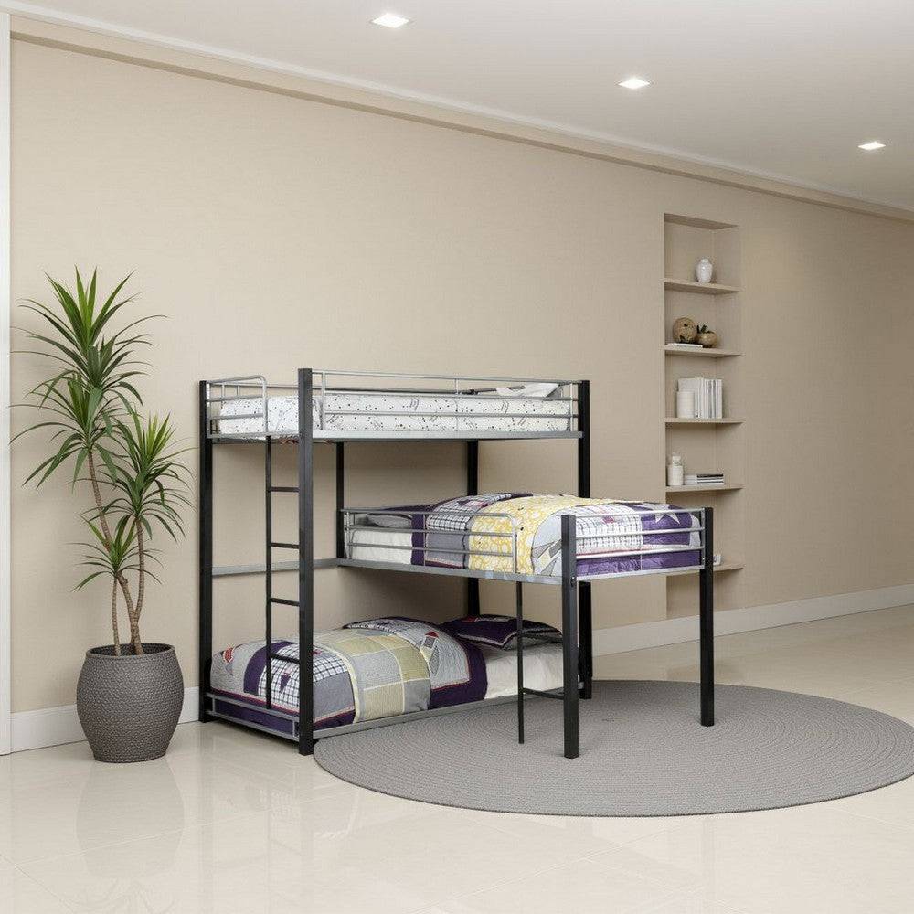 3 Tier Industrial Style Twin Bunk Bed with Corner Design, Black and Gray - BM207601