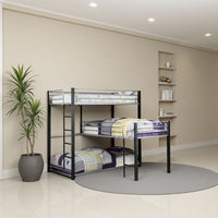 3 Tier Industrial Style Twin Bunk Bed with Corner Design, Black and Gray - BM207601