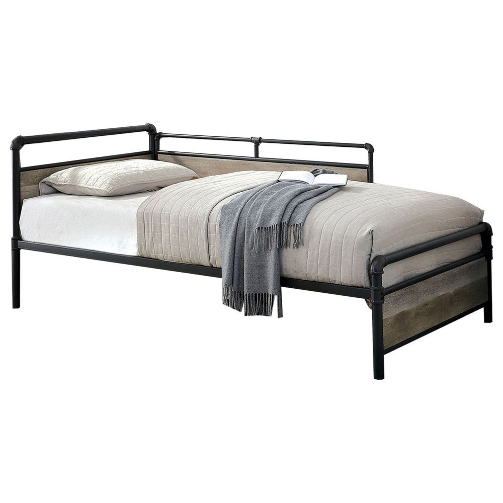 Industrial Pipe Design Metal Daybed with Wooden Panels, Black - BM207633