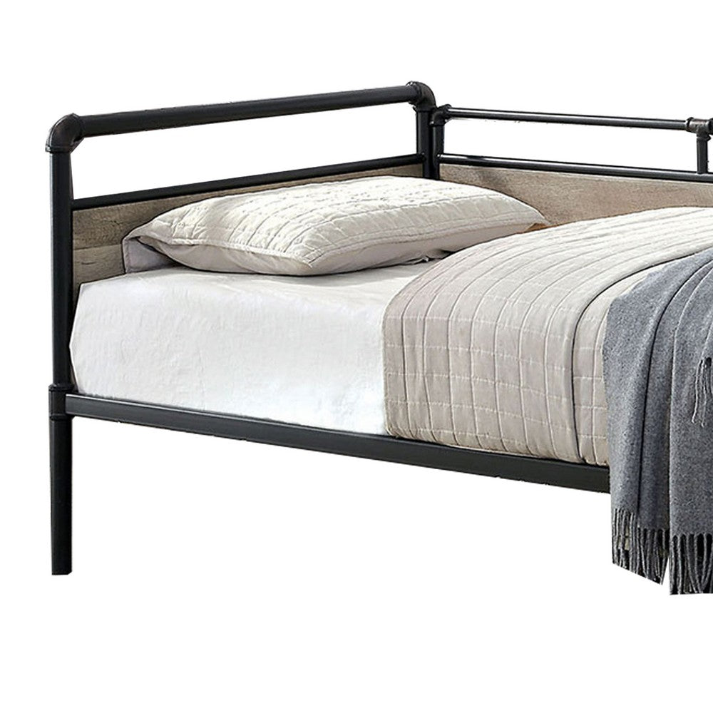 Industrial Pipe Design Metal Daybed with Wooden Panels, Black - BM207633