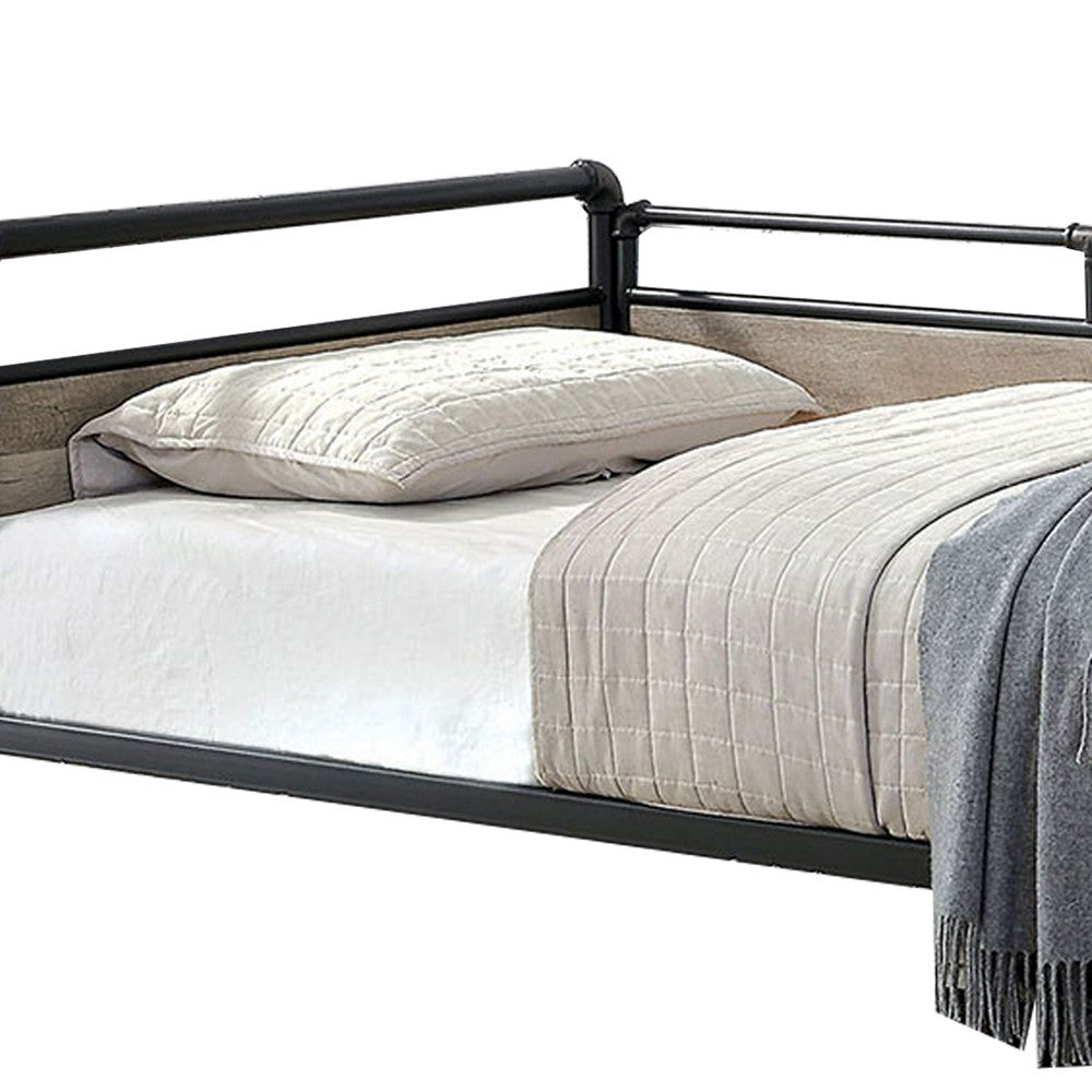Industrial Pipe Design Metal Daybed with Wooden Panels, Black - BM207633