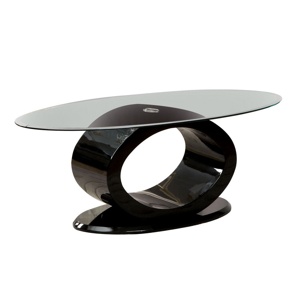 Contemporary Tempered Glass Top Coffee Table with O Shape Base, Black - BM207643