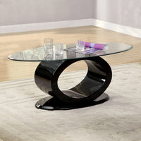 Contemporary Tempered Glass Top Coffee Table with O Shape Base, Black - BM207643