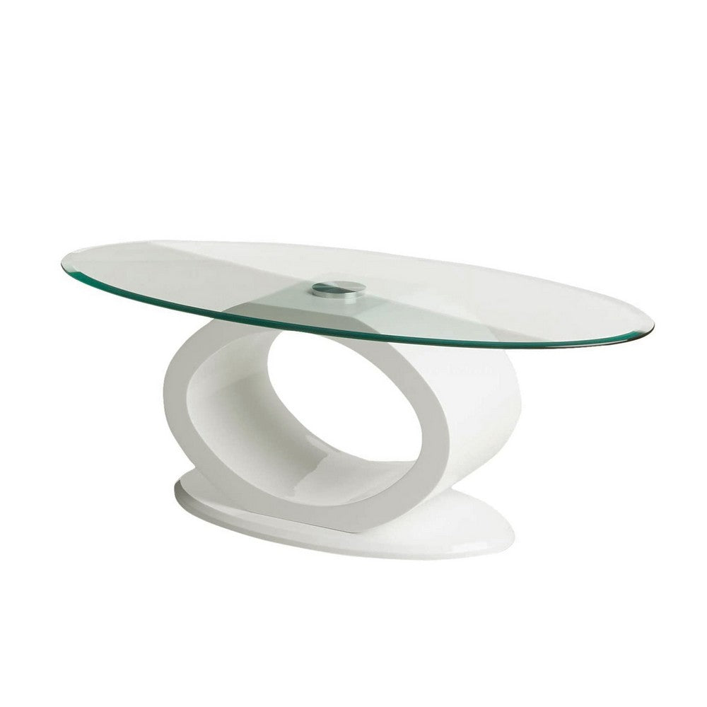 Contemporary Tempered Glass Top Coffee Table with O Shape Base, White - BM207644