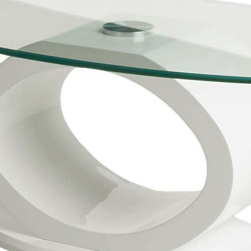 Contemporary Tempered Glass Top Coffee Table with O Shape Base, White - BM207644