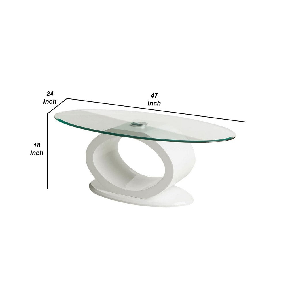 Contemporary Tempered Glass Top Coffee Table with O Shape Base, White - BM207644