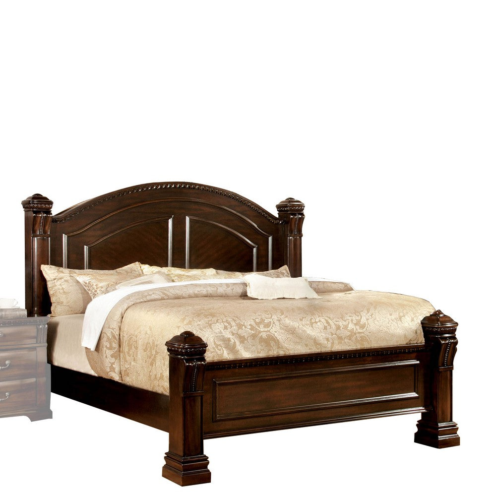 Wooden Queen Size Bed with Intricate Trimmed Headboard, Brown - BM207647