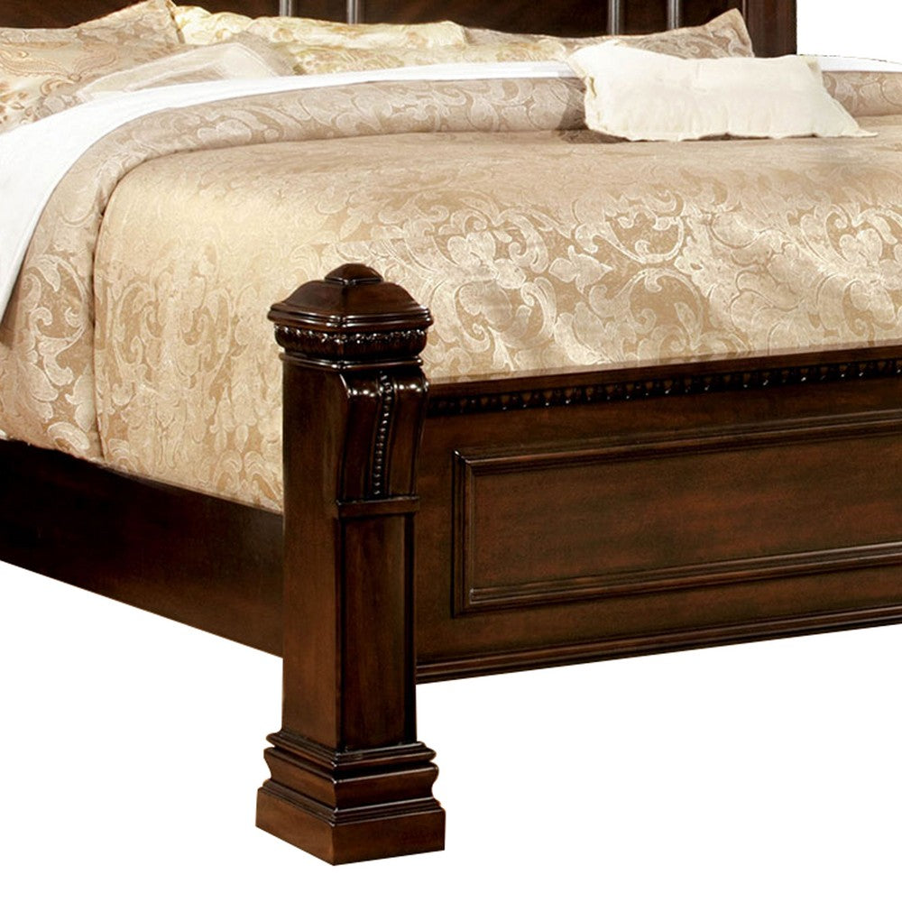 Wooden Queen Size Bed with Intricate Trimmed Headboard, Brown - BM207647